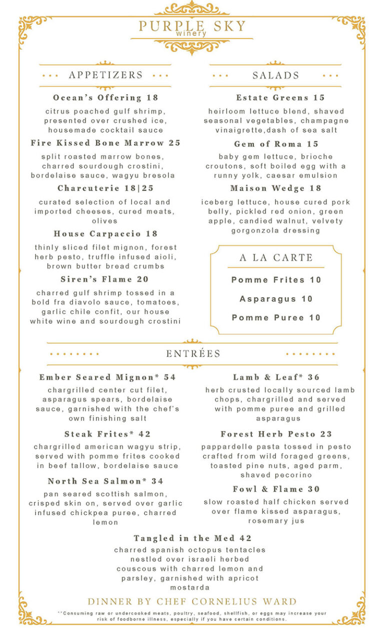 Purple sky winery dinner menu by chef ward.