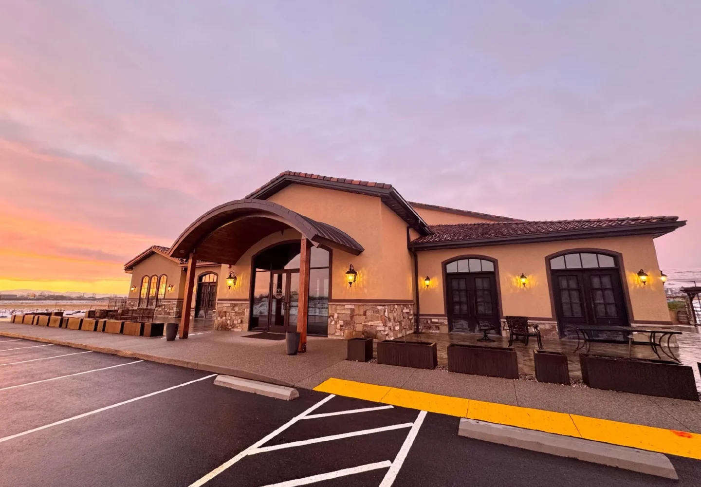 Purple sky winery restaurant at sunset.