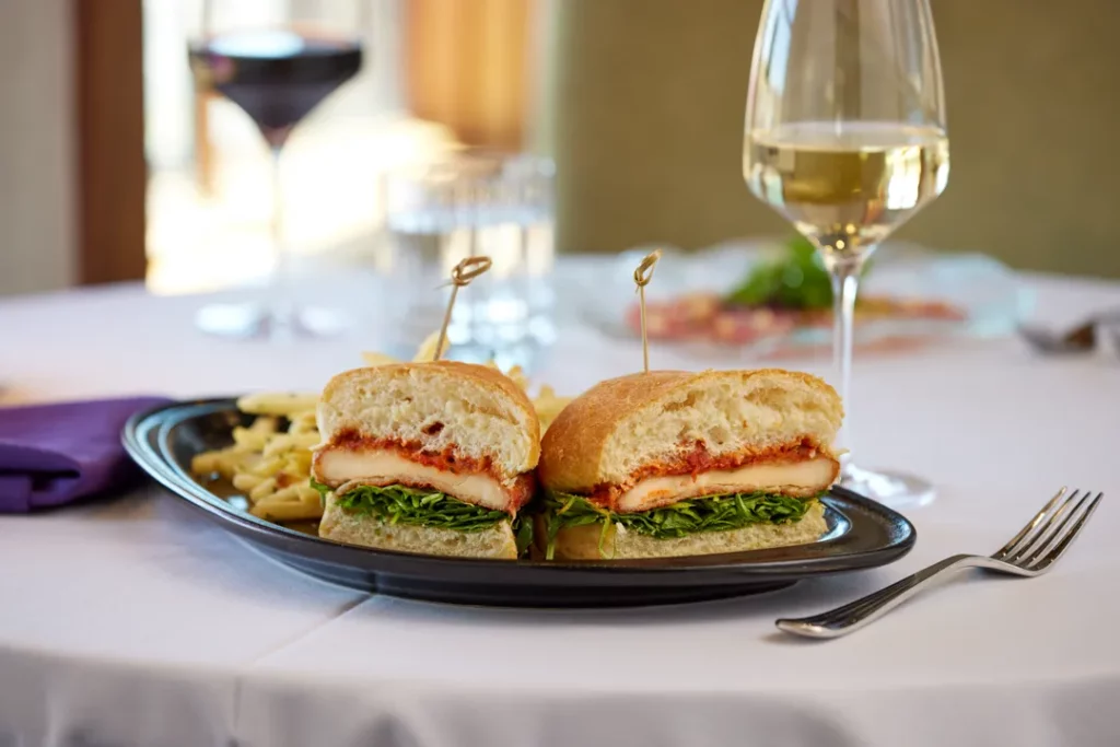 Purple sky winery chicken parm sandwich.